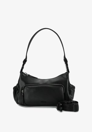 Sac à main en cuir noir avec une forme incurvée, doté d'un compartiment principal zippé, d'une poche extérieure et d'une sangle réglable.