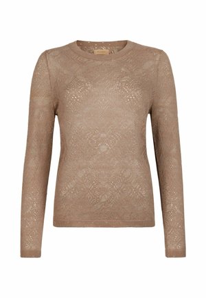 Beige stickad tröja med långa ärmar, rund halsringning och texturmönster med utskärningar. Mjuk, lätt material.