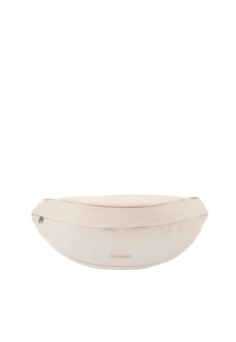 Cremefarbener Bauchgurt aus strukturiertem Stoff mit Reißverschluss und einem dezenten, eingeprägten Logo auf der Vorderseite. Geschwungene, stromlinienförmige Gestaltung.