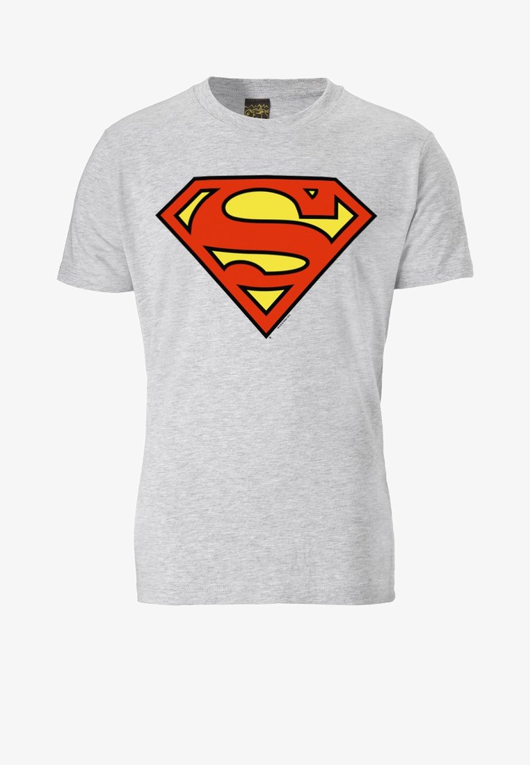 Light gray short-sleeve T-shirt with a large red and yellow stylized letter "S" logo on the chest.
