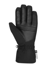 Schwarze Handschuhe mit einer Kombination aus Leder an der Handfläche und einem weichen, isolierenden Stoff am Bund; elastischer Handgelenksbereich für einen eng anliegenden Sitz.
