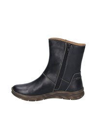 Bottines en cuir noir avec une surface lisse, fermeture éclair latérale et des coutures contrastantes. Dotées d'une semelle en caoutchouc robuste et texturée.