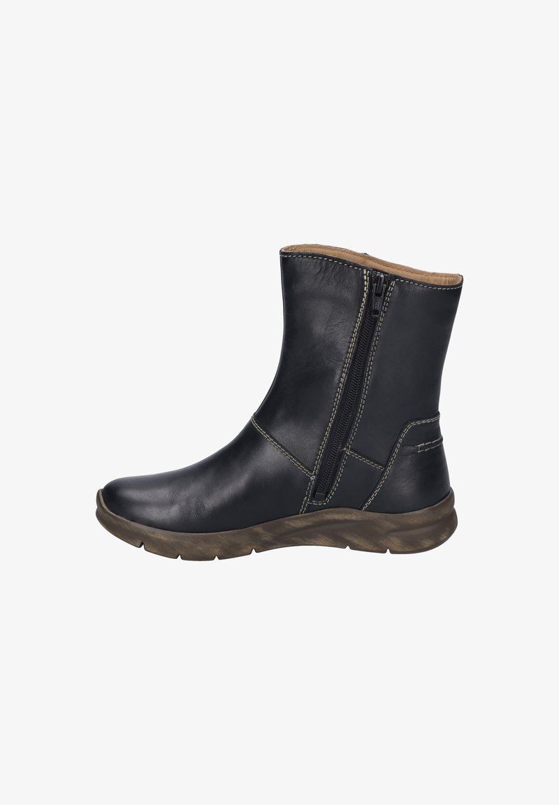 Bottines en cuir noir avec une surface lisse, fermeture éclair latérale et des coutures contrastantes. Dotées d'une semelle en caoutchouc robuste et texturée.