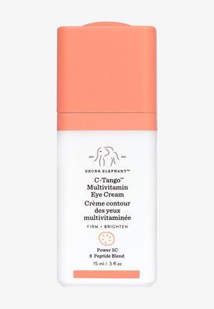 Drunk Elephant C-Tango™ Multivitamin-Augencreme in einem weißen und korallenfarbenen Behälter, mit einfacher Schrift und abgerundeter Form. 15 ml.