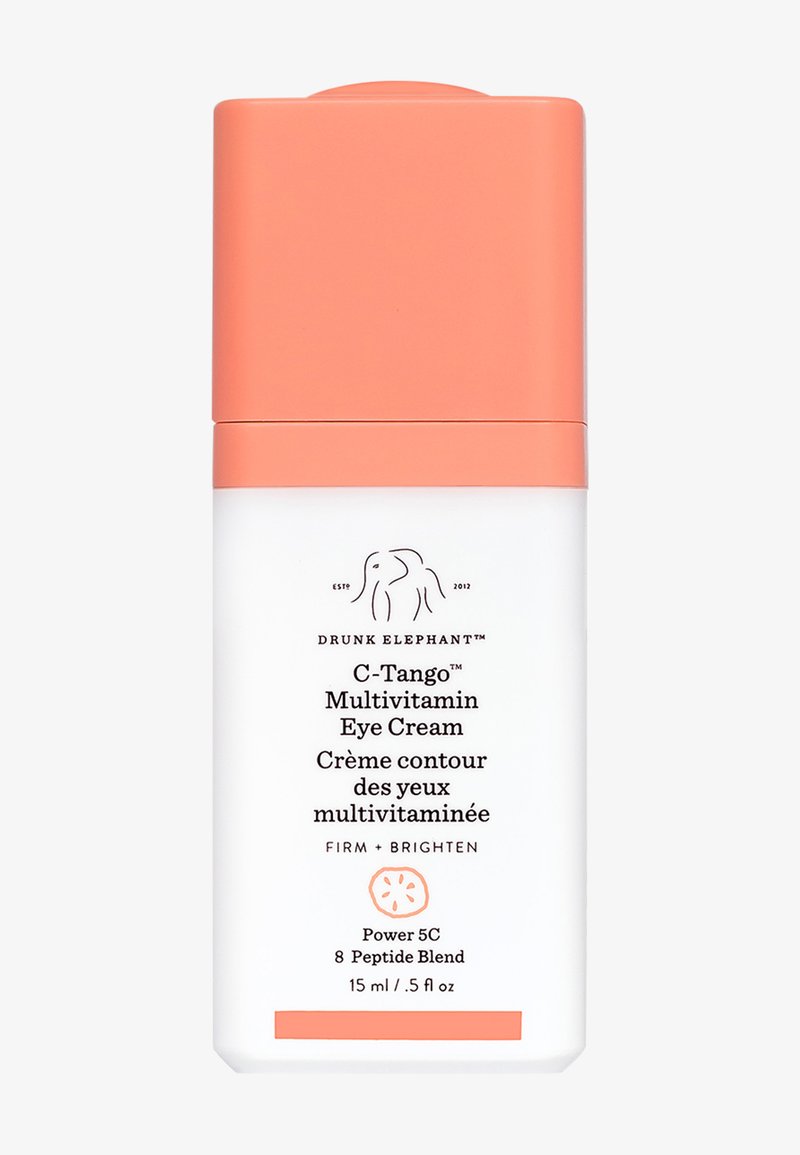 Drunk Elephant C-Tango™ Multivitamin-Augencreme in einem weißen und korallenfarbenen Behälter, mit einfacher Schrift und abgerundeter Form. 15 ml.