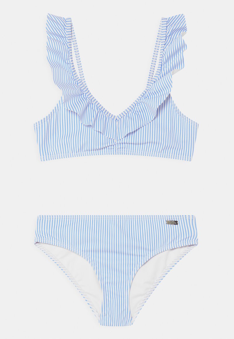 Completo bikini a righe blu e bianche con scollatura arricciata e coppa a triangolo. I costumi da bagno presentano un design coordinato e una copertura moderata.