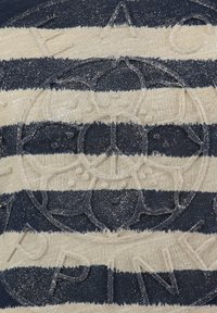 Gestreepte pullover in marineblauw en crème, met gestructureerde verhoogde strepen en een glinsterende afwerking op de stof.