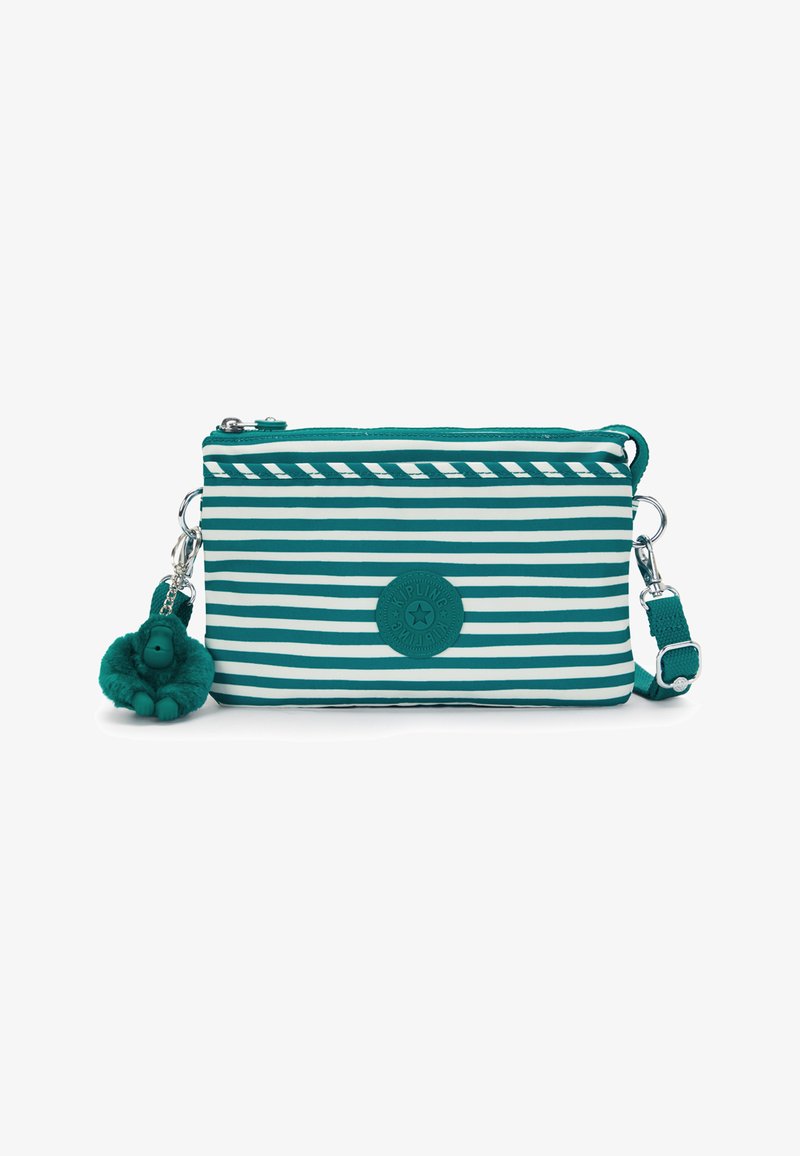 Pochette rayée vert sarcelle et blanc en tissu doux, avec fermeture éclair, bandoulière amovible et porte-clés singe en peluche.