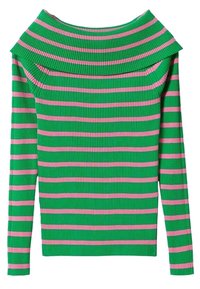 Pull côtelé à rayures vertes et roses avec un design décolleté, manches longues et matière texturée. Les rayures horizontales varient en largeur.