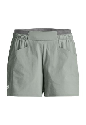 Hellgraue Sportshorts mit elastischem Bund und Fronttaschen, versehen mit einem kleinen weißen Logo am linken Bein.