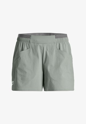 Light gray athletic shorts with elastic waistband and front pockets, featuring a small white logo on the left leg.