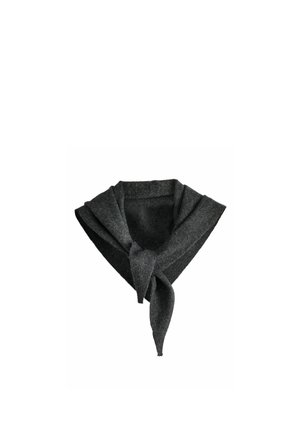 Dark gray woolen scarf folded and tied in a loose knot at the front, displayed on a white background.