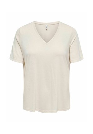 Chemise beige à manches courtes avec col en V et coupe légèrement ample, présentée sur fond blanc.
