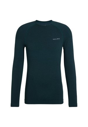 Maglietta a maniche lunghe verde scuro realizzata in materiale testurizzato, con maniche raglan e piccolo logo bianco "FALKE" sul petto.