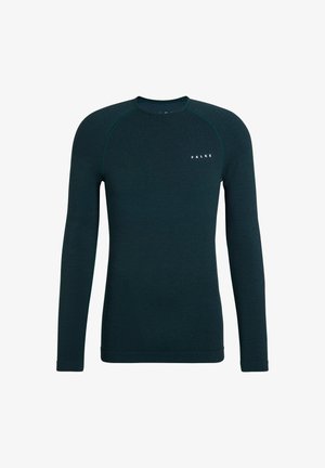 Maglietta a maniche lunghe verde scuro realizzata in materiale testurizzato, con maniche raglan e piccolo logo bianco "FALKE" sul petto.