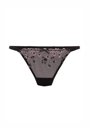 Zwarte netpanty met roze bloemenborduursel. Heeft een gladde tailleband en kantafwerking. Decoratieve accenten omvatten kleine kralen in het bloempatroon.