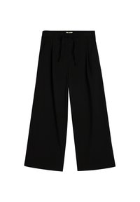 Schwarze weite Hose mit Kordelzugbund, die über eine glatte Textur und genähte Falten verfügt, um eine lockere Passform zu gewährleisten.