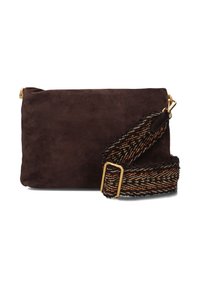 Borsa a tracolla in suede marrone con una tracolla intrecciata a motivo e dettagli in oro. Forma rettangolare con texture liscia e dettagli a contrasto.