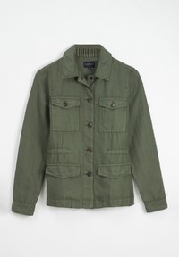 Veste en coton verte avec un col, deux poches poitrine et des poches latérales. Fermeture à bouton et tissu texturé.
