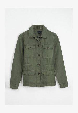 Grüne Baumwolljacke mit Kragen, zwei Brusttaschen und seitlichen Taschen. Verfügt über einen Knopfverschluss und einen strukturierten Stoff.