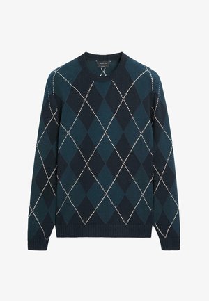 Marineblauer und dunkelgrüner Argyle-Pullover mit weiß gesticktem Rautenmuster, Rundhalsausschnitt sowie gerippten Bündchen und Saum.