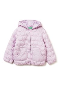Gepolsterte Steppjacke in hell-lila mit Kapuze, zwei Fronttaschen und Knopfleiste. Verfügt über eine weiche, strukturierte Außenfläche.