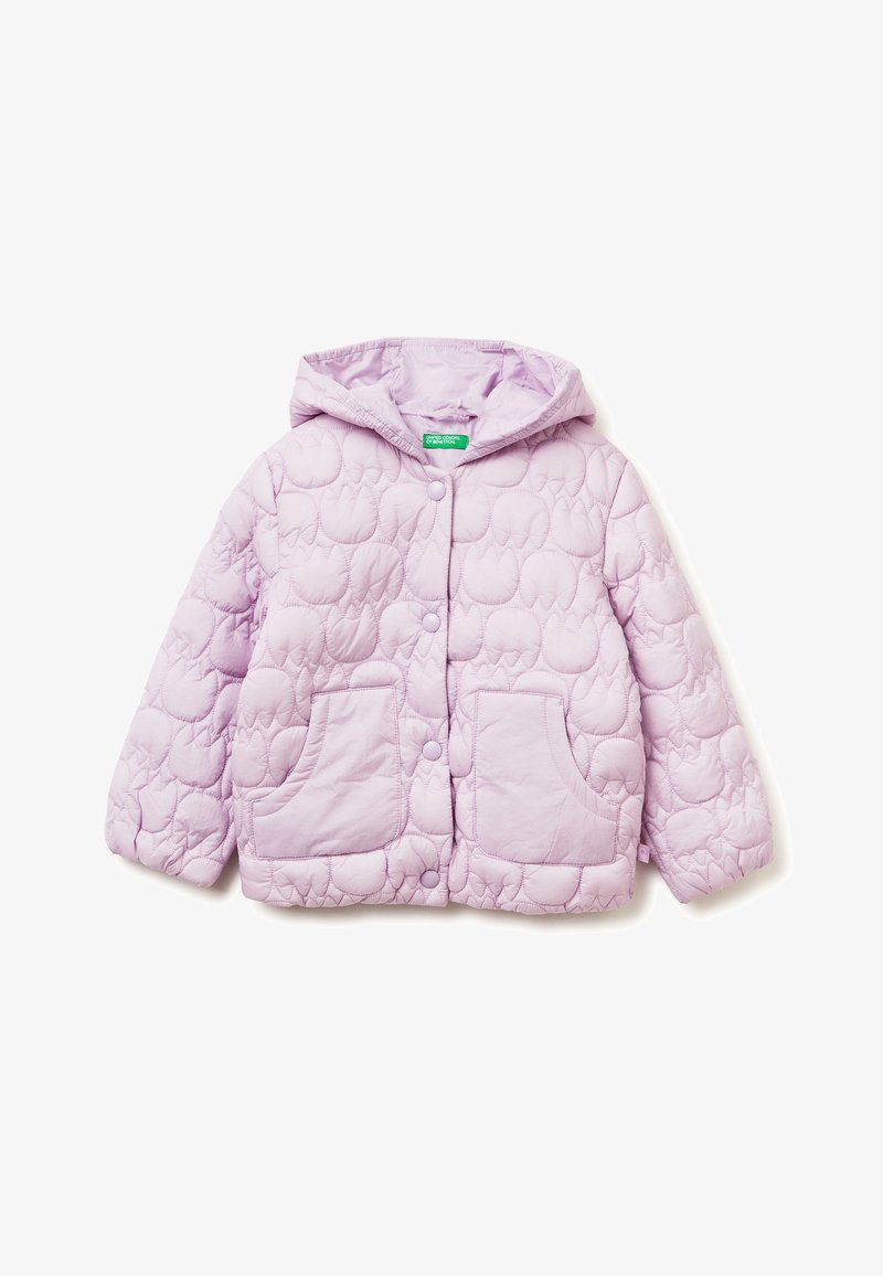 Gepolsterte Steppjacke in hell-lila mit Kapuze, zwei Fronttaschen und Knopfleiste. Verfügt über eine weiche, strukturierte Außenfläche.