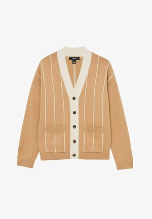 Beige vest met crèmekleurige accenten, verticale strepen, V-hals, knoopsluiting en twee voorzakken. Gelaagd breiwerk, ontspannen pasvorm.