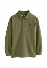 Grünes Langarmpolohemd aus Baumwolle, mit Kragen, drei Knöpfen und einer gelben Hummerstickerei auf der linken Brust.