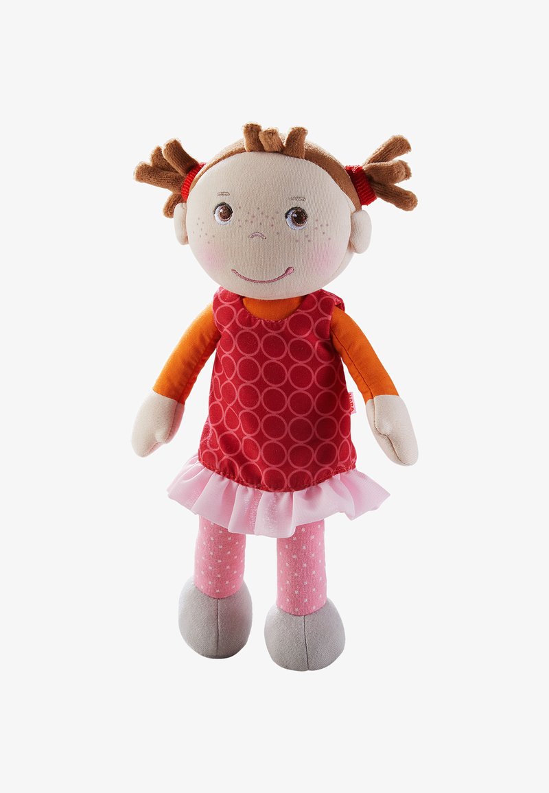 Soft fabric doll with a round-headed design, wearing a red patterned dress, orange long sleeves, pink ruffled skirt, and polka-dotted leggings.
