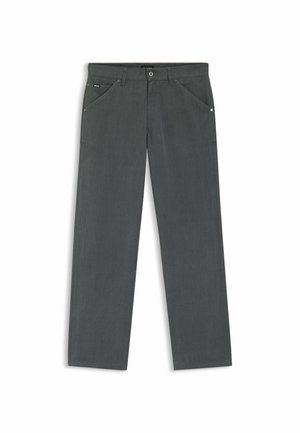 Pantaloni grigi con design a gamba dritta, realizzati in tessuto testurizzato. Presentano due tasche anteriori e una chiusura con bottone in vita.