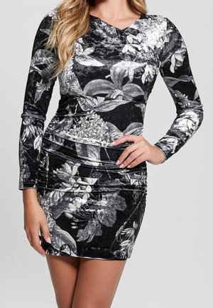 Schwarzes, floral bedrucktes Mini-Kleid mit V-Ausschnitt und langen Ärmeln. Hergestellt aus strukturiertem Stoff mit gerafften Seiten und weißen Blumenmustern.