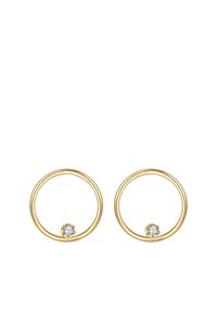 Goldene Ohrringe mit runden Ringen, an der Unterseite jedes Rings ist ein kleiner klarer Edelstein in einer Fassung eingearbeitet.