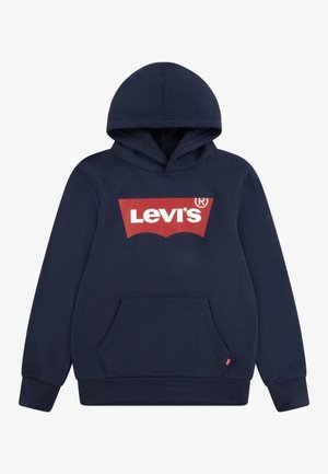 Mørkeblå hættetrøje med frontlomme og rød Levi's-logo på brystet, med lange ærmer og ribstrikkede manchetter og kant.