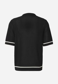 Pull en maille noire à manches courtes avec bordure blanche aux manches et à l'ourlet, vu de dos sur un fond uni.