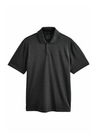 Sort polo shirt med et subtilt geometrisk mønster, kortærmede og en krave. Har tre-knap placket ved halsen.