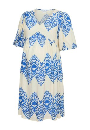 Krémové krátke šaty s krátkym rukávom, s modrými zložitými diamantovými vzormi, výstrihom do V a mierne nastaveným pásom v cisárskom štýle.