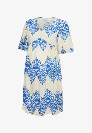 Krémové krátke šaty s krátkym rukávom, s modrými zložitými diamantovými vzormi, výstrihom do V a mierne nastaveným pásom v cisárskom štýle.