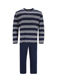 Gestreiftes langärmliges Oberteil in Marineblau und Grau mit Henley-Ausschnitt und Tasche, kombiniert mit einfarbigen Marineblauen Hosen aus weichem Baumwollmaterial.