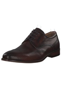 Braune Lederanzugschuhe mit glatter Oberfläche, abgerundeter Zehenpartie, dekorativen Perforationen und Schnürsenkeln. Besitzen einen gestapelten Holzabsatz.