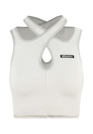 Witte geribde crop top met een keyhole uitsnede, kruisbanden en zwart MISAGA-logo. Bevat contrasterende stikdetails.