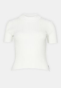 Witte geribbelde top met korte mouwen en een hoge halslijn, met een aansluitend ontwerp en een soepele textuur, ongeprint en zonder zichtbare patronen of accenten.