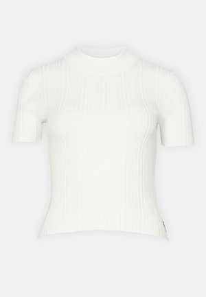 Weißes, geripptes Kurzarm-Oberteil mit hohem Kragen, das ein figurbetontes Design und eine glatte Textur aufweist, ungeschmückt ohne sichtbare Muster oder Akzente.