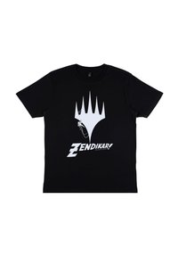 Černé bavlněné tričko s velkým bílým grafickým vzorem stylizované koruny a slovem "ZENDIKAR!" v tučném písmu na spodní straně.