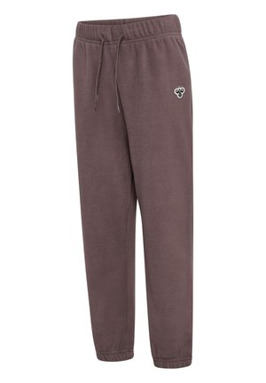 Fleece joggingbroek in donkerbruin, met een elastische tailleband met een drawstring, cuffs aan de enkels, en een subtiel logo op de linkerdij.