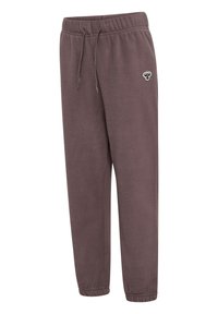 Fleece-Jogginghosen in Dunkelbraun, mit einem elastischen Bund und Kordelzug, gerippten Knöcheln und einem dezenten Logo am linken Oberschenkel.