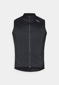 Gilet da ciclismo nero senza maniche realizzato in un tessuto liscio e leggero, con zip frontale, colletto alto e dettagli del logo discreti sulla spalla.