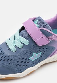 Blue and purple athletic shoe with mesh details, lace and Velcro strap closure, textured outsole, and logo accent on the side.