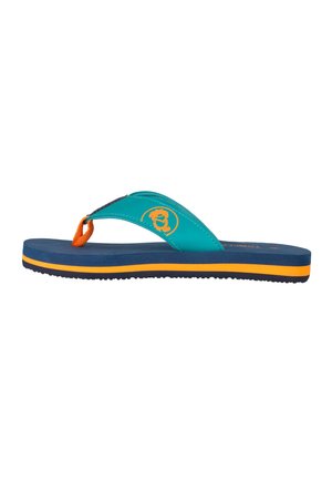 Blau-orange Flip-Flop-Sandale mit türkisfarbenem Riemen, gelbem rundem Logo und orangefarbenem Zehensteg-Detail auf weißem Hintergrund.