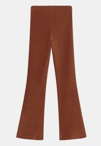 Bruine flanellen broek met een flared model en verticale ribbels, voorzien van een rekbare tailleband en een gladde textuur, die van heup naar zoomgeleidelijk smaller wordt.